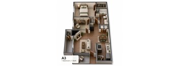 A 3D floor plan of a one bedroom apartment with a bathroom.