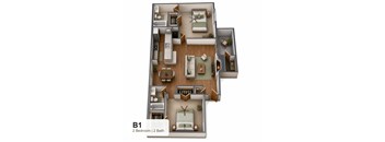 A 3D floor plan of a B1 apartment with two bedrooms and two bathrooms.