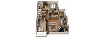 A 3D floor plan of apartment B2 with 2 bedrooms and 2 bathrooms.