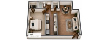 A 2 bedroom apartment with 1 bathroom.