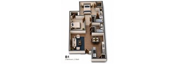A floor plan of a one bedroom apartment with two bathrooms.