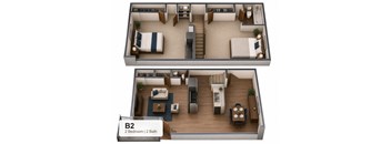 A 3D floor plan of a 2 bedroom, 2 bathroom apartment.