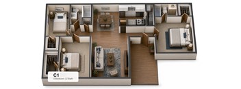 A 3 bedroom apartment with 2 bathrooms is labeled C1.