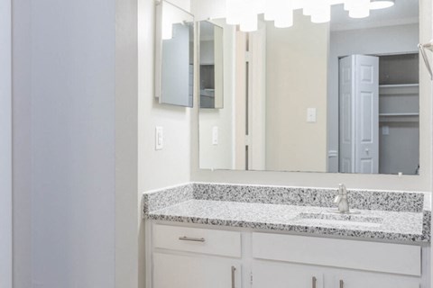 a bathroom with a sink and a mirror  at Henley, North Carolina
