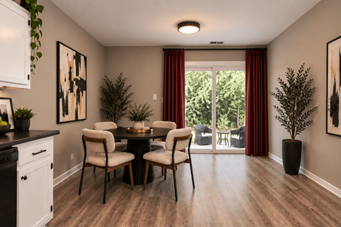 A dining room with a table and chairs.