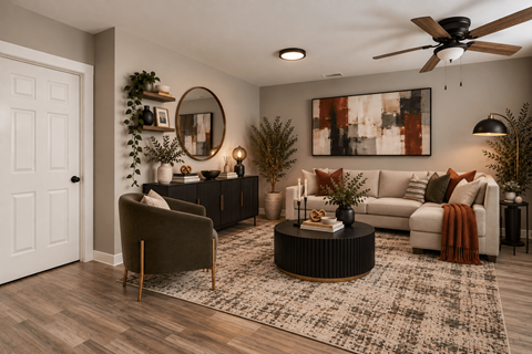 A living room with a brown chair, a white couch, and a rug.