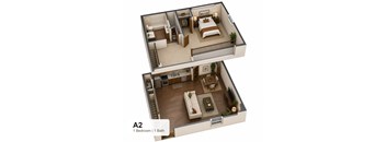 A 3D floor plan of a one bedroom apartment with a bathroom.