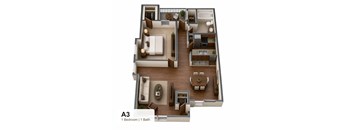 A 3D floor plan of a one bedroom apartment with one bathroom.