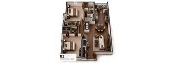 A 2 bedroom apartment with 2 bathrooms is shown in this image.