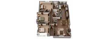 A 3 bedroom apartment with 2 bathrooms is labeled C1.