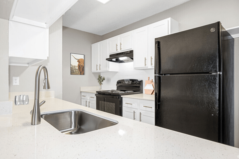 a white kitchen with a black refrigerator and a sink