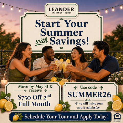 A promotional image for Leander Apartment Homes advertising a summer savings deal.