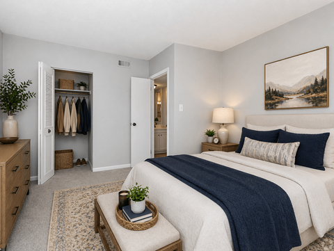 A bedroom with a large bed and a painting on the wall.