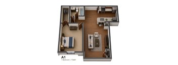 A 1 bedroom apartment with a bathroom.