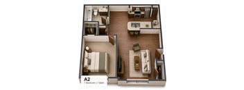A 2 bedroom apartment with 1 bathroom.