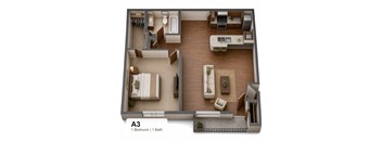 A3 floor plan with one bedroom and one bath.