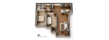 A 2 bedroom apartment with 1 bathroom is shown in this image.