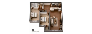 A 2 bedroom apartment with 1 bathroom is shown in this image.