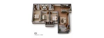 A 3 bedroom apartment with 2 bathrooms is labeled C1.