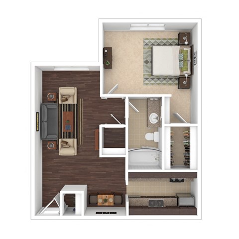 a stylized floor plan with a bedroom and a bathroom