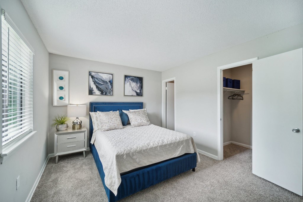 a bedroom with a bed and a closet