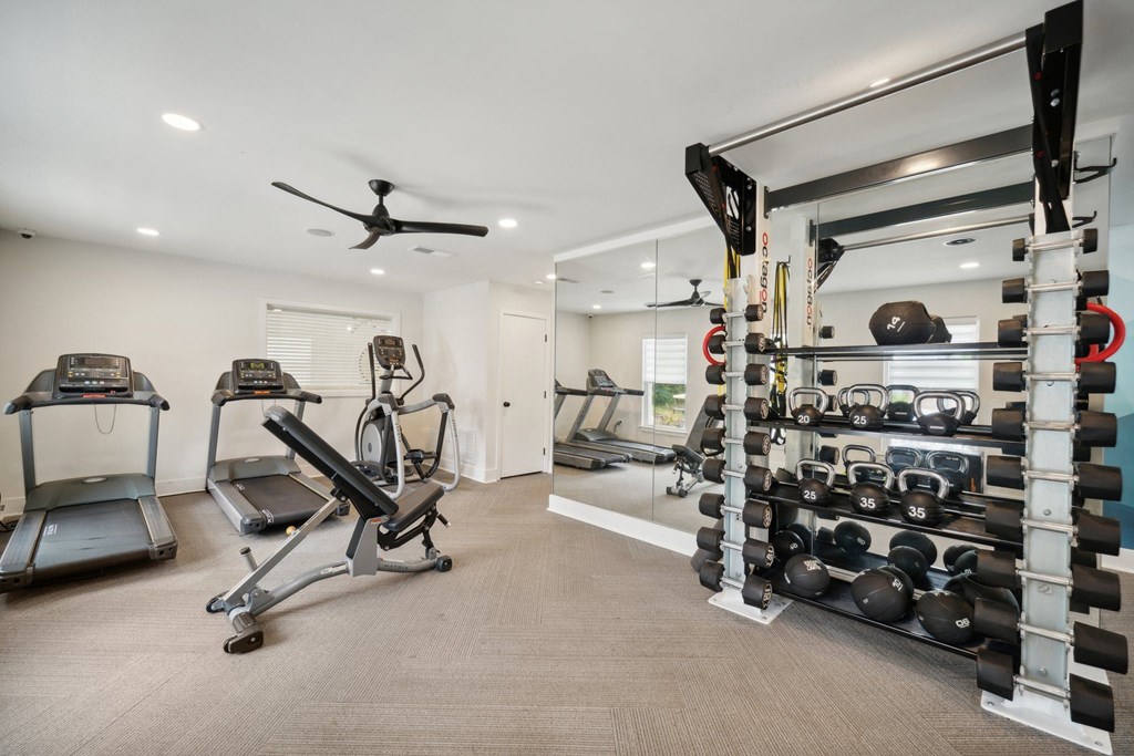a home gym with weights and a rack of dumbbells