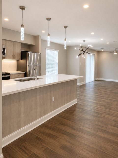 A kitchen with wooden floors and a white counter top.