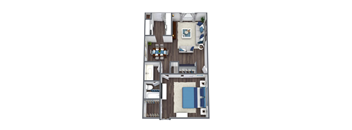 A top-down view of a modern apartment layout with a living room, kitchen, and dining area.