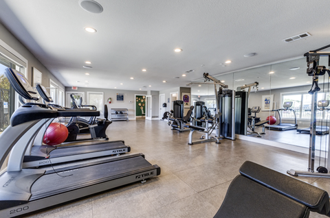 Fitness center with cardio and strength equipment at The Hangar Apartments, Cedar Hill, Texas