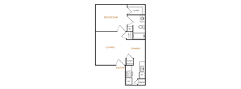 A floor plan of a small apartment with a bedroom, living room, dining room, pantry, and entry.