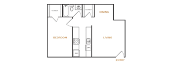 A floor plan of a room with a bedroom, living room, and dining area.