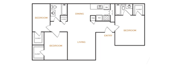 A floor plan of a house with three bedrooms, a living room, a dining room, a kitchen, a bathroom, and a laundry room.