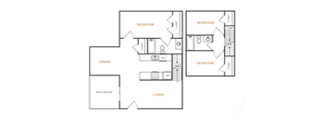 A black and white image of a house floor plan with three bedrooms, a living room, a dining room, and a kitchen.
