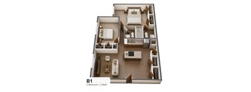 A 2 bedroom apartment with 2 bathrooms is shown in this image.