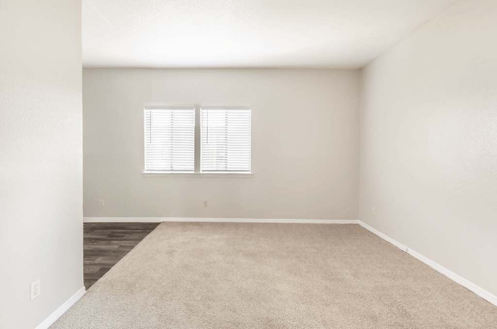 A room with a carpeted floor and a window with blinds.