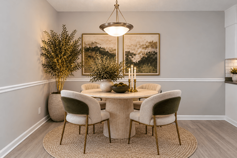A dining room with a table set for four and a painting on the wall.