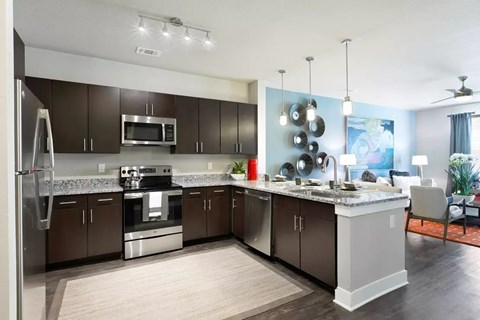 A modern kitchen with dark brown cabinets and stainless steel appliances.