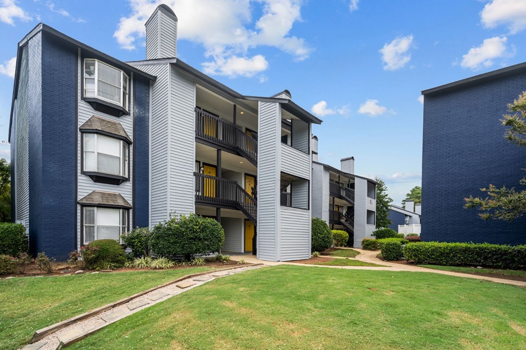 anson at north hills blue and white apartment building