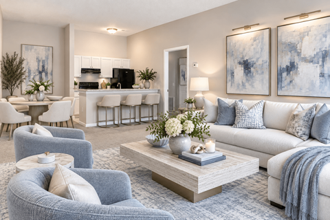 A modern living room with a grey and white color scheme.
