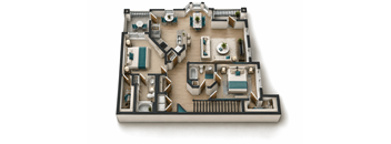 A 3D floor plan of a house with various rooms and furniture.