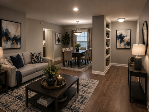 A modern living room with a grey sofa, a wooden coffee table, and a dining table with chairs.