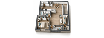 A 3D floor plan of a house with a living room, kitchen, and bathrooms.