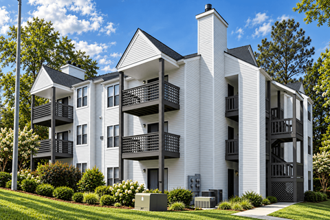 A white apartment building with black balconies and a black gate.