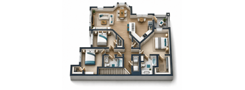 A top-down view of a house layout with multiple rooms and furniture.