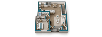A 3D floor plan of a house with labeled rooms.