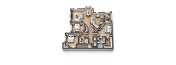 A detailed 3D floor plan of a multi-bedroom apartment.