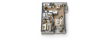 A 3D floor plan of a house showing the layout of the rooms.