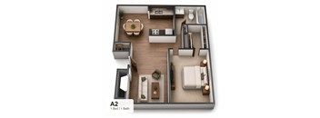 A 3D floor plan of a small apartment with one bed and one bath.
