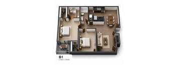 A 2 bedroom apartment with 2 bathrooms is shown in this image.