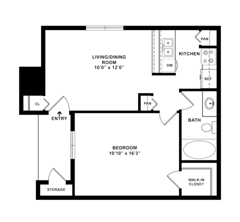 a floor plan of an apartment with a bedroom and a living room